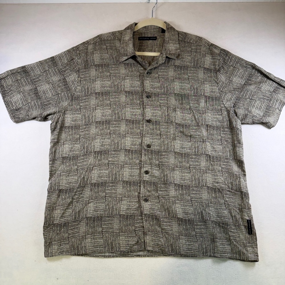 Natural Issue Mens Large Viscose Rayon Button Down Shirt Geometric Brown Gray